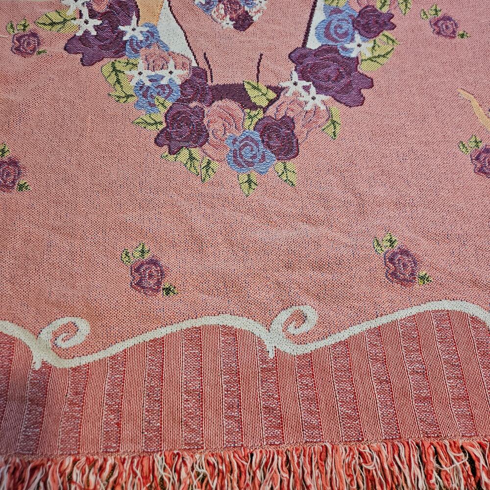 Vintage 90s Barbie Floral Woven Tapestry Throw Blanket The Northwest Company USA - Picture 5 of 7
